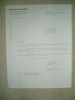 Seller image for A typed-letter-signed by Christian de Bartillat, president of Editions Stock, to Henry Miller, dated 11 septembre 1972 for sale by Expatriate Bookshop of Denmark