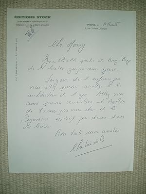 Seller image for A handwritten letter from Christian de Bartillat, president of Editions Stock, to Henry Miller, dated 2 aot [1971?] for sale by Expatriate Bookshop of Denmark