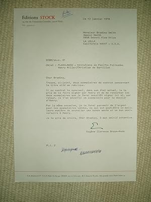 Seller image for An original typed letter on Editions Stock letterhead, to Bradley Smith concerning Henry Miller for sale by Expatriate Bookshop of Denmark