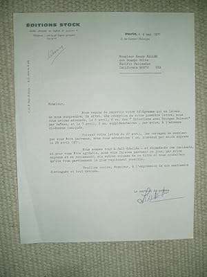Seller image for An original typed letter on Editions Stock letterhead, to Henry Miller dated 4 mai 1971 for sale by Expatriate Bookshop of Denmark