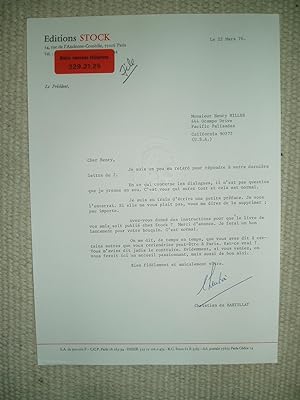Seller image for A typed-letter-signed by Christian de Bartillat, president of Editions Stock, to Henry Miller, dated 22 mars 1976 for sale by Expatriate Bookshop of Denmark