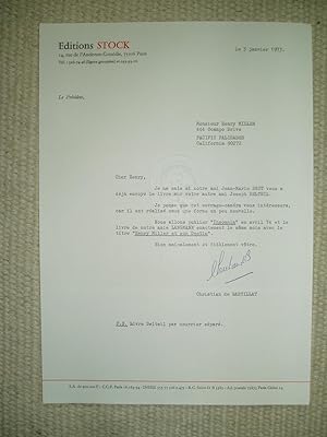 Seller image for A typed-letter-signed by Christian de Bartillat, president of Editions Stock, to Henry Miller, dated 3 janvier 1973 for sale by Expatriate Bookshop of Denmark
