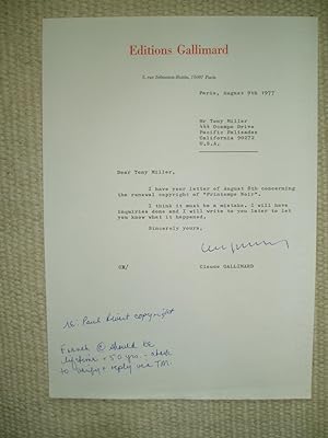 Seller image for A typed-letter-signed by Claude Gallimard, president of Editions Gallimard, to Tony Miller, dated 9 August 1977 for sale by Expatriate Bookshop of Denmark
