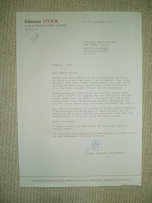 Seller image for An original typed letter on Editions Stock letterhead, to Henry Miller, dated 15 septembre 1977 for sale by Expatriate Bookshop of Denmark