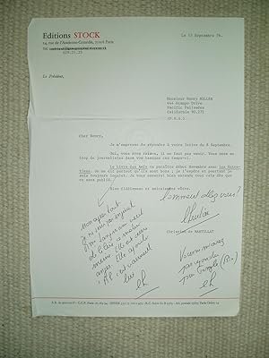 Seller image for A typed-letter-signed by Christian de Bartillat, president of Editions Stock, to Henry Miller, dated 13 septembre 1976 for sale by Expatriate Bookshop of Denmark