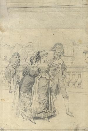 Due giovani donne a colloquio con uomo con cappello militare, mentre passeggiano su un ponte pari...