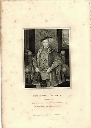 Image du vendeur pour Engraved Portrait of Edward VI, Three Quarter Length, in robes, in front of throne, after Holbein by T.A. Dean. mis en vente par R.G. Watkins Books and Prints