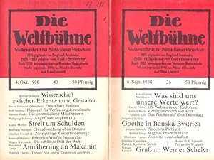 Imagen del vendedor de Konvolut "Werner Scheler". 6 Titel. 1.)  Die Weltbhne" vom 15. April 1986 mit Werner Scheler:  Die Schpferkraft des Volkes. Gedanken bers Denken". 2.)  Die Weltbhne" vom 30. Dezember 1986 mit Werner Scheler: Berlin und die Akademie. Stationen einer Gemeinschaft". 3.)  Die Weltbhne" vom 6. September 1988 mit Werner Kalweit:  Gru an Werner Scheler zum 65. Geburtstag. 4.)  Die Weltbhne" vom 4. Oktober 1988 mit Werner Scheler:  Zwischen Erkennen und Gestalten". 5.) UTOPIE kreativ, Heft Mai/Juni/1999 mit Werner Scheler; Werner Hartkopf:  Gesprch ber die Wiedererffnung der Berliner Akademie nach dem Zweiten Weltkrieg und ber den Neubeginn ihrer Ttigkeit", dort S. 122-142. 6.) Ergnzend Biographisches zu Werner Scheler (* 12. September 1923 in Coburg;   9. Oktober 2018 in Berlin), Arzt und Pharmakologe. Er wirkte unter anderem von 1959 bis 1971 als Professor, Institutsdirektor und zeitweise als Rektor an der Universitt Greifswald sowie von 1979 bis 1990 als vorletzter Prsident d a la venta por Agrotinas VersandHandel