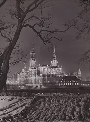Dresden, Blick zur Hofkirche - Nachtaufnahme, um 1935