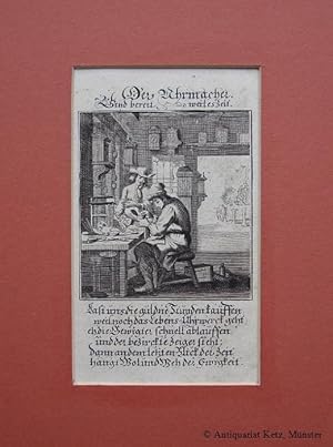 "Der Uhrmacher" - Kupferstich von Christoph Weigel. Reine Bildgröße: ca. 8,5 x 7,8 cm. Mit 6-zeil...