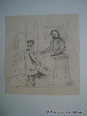 "Lehrer mit Schüler" - Originale Kohlezeichnung. Monogrammiert "K. St." Bildgröße: 15 x 14 cm.