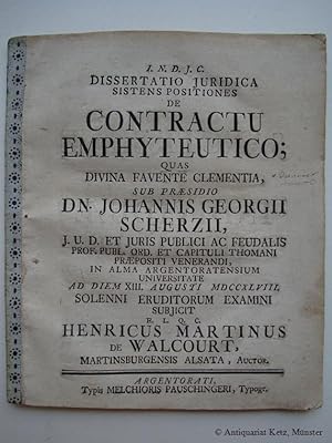 Bild des Verkufers fr De contractu emphyteutico; quas divina favente clementia. zum Verkauf von Antiquariat Hans-Jrgen Ketz