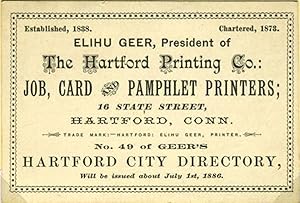 'Elihu Geer, President . Job, Card and Pamphlet Printers'. Trade card with calendar