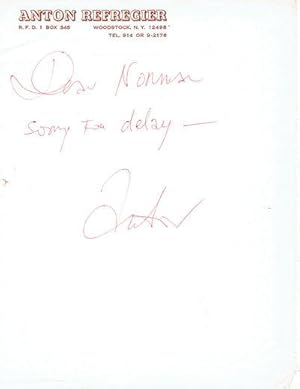 BRIEF AUTOGRAPH NOTE TO THE EDITOR OF AMERICAN ARTIST SIGNED BY ANTON REFREGIER