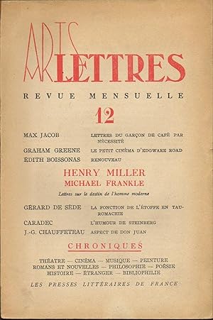 Immagine del venditore per ARTS LETTRES N 12. venduto da Librairie Le Livre Penseur