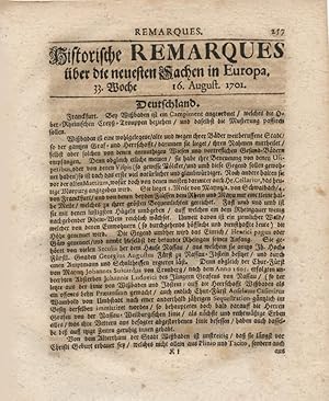 Historische Remarques über die neuesten Sachen in Europa. 33. Woche, 16. August 1701.