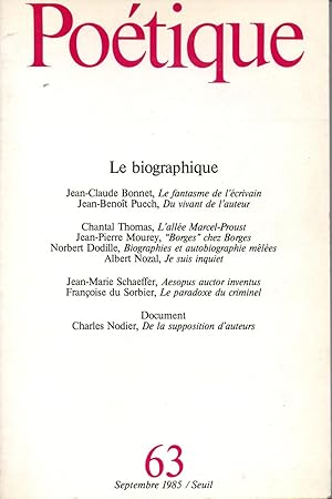 POETIQUE Nr. 63, Revue de théorie et d'analyse littéraires