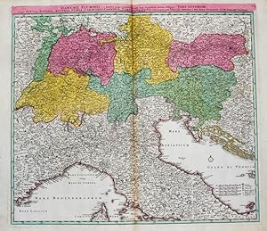 Imagen del vendedor de Kolorierte Kupferstich-Landkarte von Homann. Danubii fluminis (a fontibus prope Doneschingam usque Posonium urbem designati) pars superior in qua Suevia, Bavaria, Austria, Stiria, Carinthia, Carniola, Tyrolis et Helvetia cum magna parte Italiae exhibentur. a la venta por Antiquariat Thomas Rezek