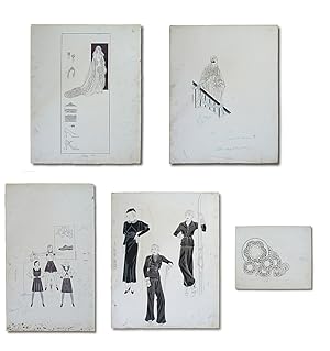 Collection of 5 Original 1930's Artist's Fashion Sketches (Ladies Wedding & Fashion Artwork )