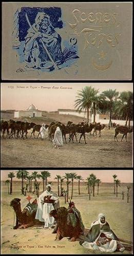 Scenes & Types. Postkarten-Album mit farbigen Szenen von Menschen in Nordafrika.