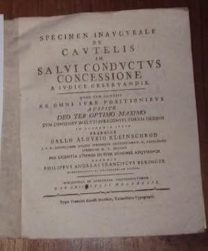 Bild des Verkufers fr Specimen inaugurale de cutelis in salvi conductus confessione a iudice observandis. zum Verkauf von Kunstantiquariat Rolf Brehmer