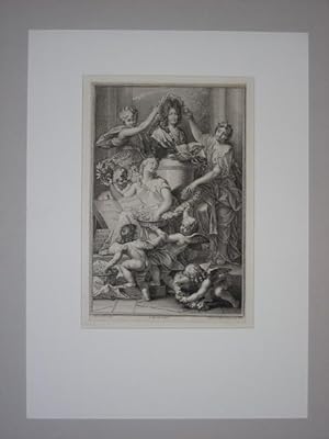 Frontispice de Le Dicti. . Francoise. Übergabe des Werkes an Ludwig XIV., 1694. Nach J. B. Cornei...