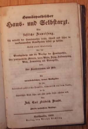 Image du vendeur pour Homopathischer Haus- und Selbstarzt. Eine faliche Anweisung, sich mittels der Homopathie leicht, schnell und sicher in vorkommenden Krankheiten selbst zu helfen. Nebst einer Einleitung ber das Grundprincip und die Vorzge der Homopathie, ber homopathische Medicin, deren Wesen, Bezug, Aufbewahrung, Wahl, Anwendung und Gabengre, sowie ber Krankenexamen und Dit. Ein unentbehrlicher, treuer Rathgeber fr jede, besonders zahlreiche Familie, namentlich auf dem Lande, die ihr krperliches Wohl sicher und ohne groe Opfer erhalten will. mis en vente par Kunstantiquariat Rolf Brehmer