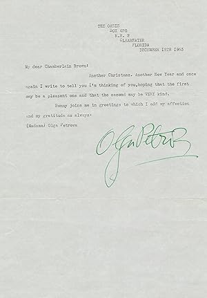 TYPED LETTER SIGNED by Silent film actress and playwright OLGA PETROVA to AGENT CHAMBERLAIN BROWN.