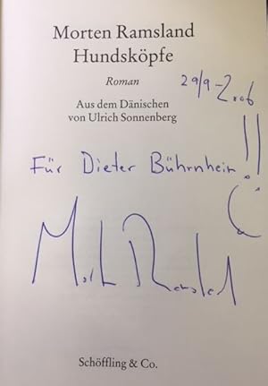 Bild des Verkufers fr Hundskpfe.- signiert, Widmungsexemplar, Erstausgabe Roman. zum Verkauf von Bhrnheims Literatursalon GmbH