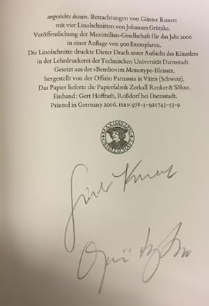 Angesichts dessen.- signiert, Erstausgabe Betrachtungen von Günter Kunert mit vier farbigen Linol...