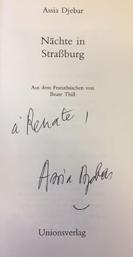 Bild des Verkufers fr Nchte in Straburg. - signiert, Widmungsexemplar, Erstausgabe zum Verkauf von Bhrnheims Literatursalon GmbH