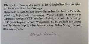 Bibliophilie im Sozialismus. Überarbeitete Fassung des zuerst in den Marginalien Heft 26. 1967, S...