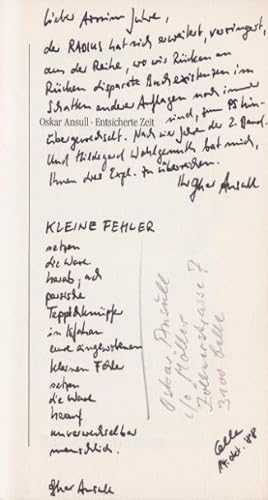 Seller image for Entsicherte Zeit.- signiert, Widmungsexemplar, Erstausgabe Gedichte. for sale by Bhrnheims Literatursalon GmbH