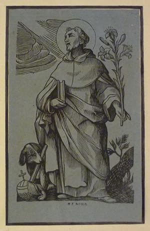 Heiliger Dominikus (mit Buch, Lilie und Hund). Original-Holzschnitt. 17. Jahrhundert.