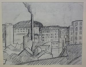 Fabriklandschaft Zürich Escherwies. Kohlezeichnung auf Papier.
