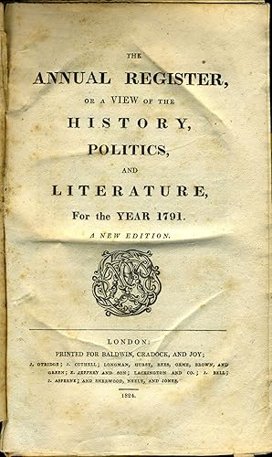 Bild des Verkufers fr The Annual Register, or a View of the History, Politics, and Literature, For the Year 1791 zum Verkauf von Antipodean Books, Maps & Prints, ABAA