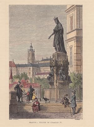 PRAG - Statur von Karl IV, schöner altkolorierter Holzstich von Gusmann nach K. Girardet entstand...