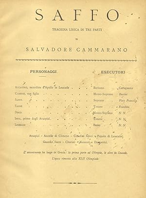 Immagine del venditore per SAFFO (1840). Tragedia lirica in tre Parti di S.Cammarano. Opera completa per Canto e Pianoforte. timbro a secco Ottobre 1881 (Pl.n42057). venduto da studio bibliografico pera s.a.s.