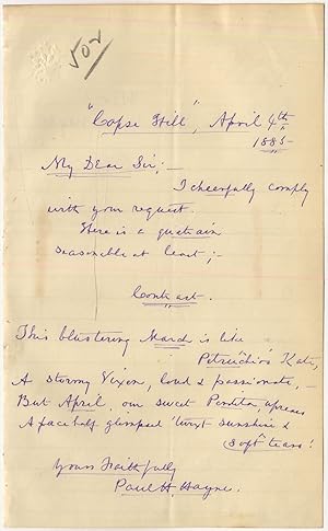 Bild des Verkufers fr Autograph Letter Signed ("Paul H. Hayne") zum Verkauf von Between the Covers-Rare Books, Inc. ABAA