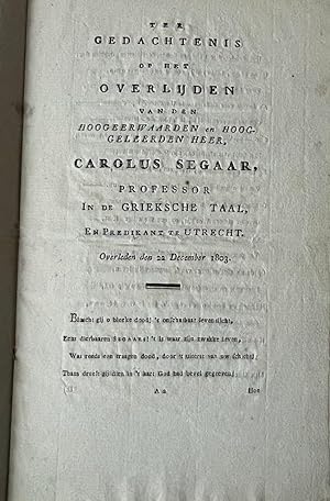 [Occasional poem 1803] Lyk-zang (.)Carolus Segaar, professor in de Griekse taal en predikant te U...