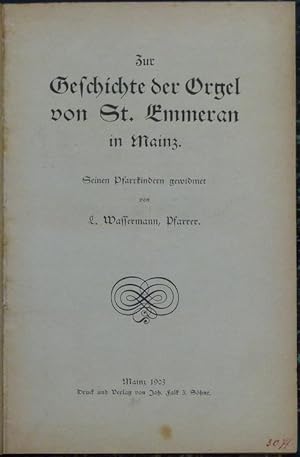 Immagine del venditore per Zur Geschichte der Orgel von St. Emmeran in Mainz. Seinen Pfarrkindern gewidmet von L. Wassermann. Beigebunden: I. Liebeskind, Paul. Die Glocken des Neustdter Kreises. Ein Beitrag zur Glockenkunde. (Jena, Gustav Fischer, 1905; 1 Blatt, 140 Seiten, mit 89 Abbildungen - Zeitschrift des Vereins fr Thringische Geschichte und Altertumskunde / Beiheft). II. Die Mnsterglocken zu Schaffhausen. Zur Erinnerung an die Glockenweihe Sonntag, den 27. November 1898. [Schaffhausen, Carl Schoch, 1899; 59 (1) Seiten, mit Abbildungen]. venduto da Antiquariat Rainer Schlicht