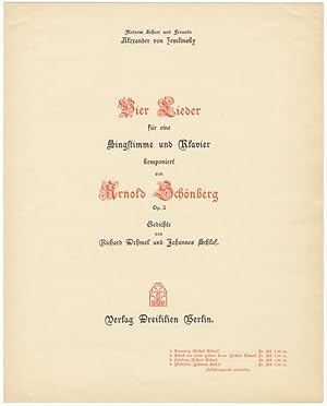 Bild des Verkufers fr [Op. 2, no. 3]. Vier Lieder fr eine Singstimme und Klavier. Op. 2 [No. 3: Erhebung] Gedichte von Richard Dehmel und Johannes Schlaf. Meinem Lehrer und Freunde Alexander von Zemlinsky zum Verkauf von J & J LUBRANO MUSIC ANTIQUARIANS LLC