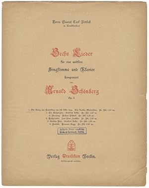 Bild des Verkufers fr [Op. 3]. Sechs Lieder fr eine mittlere Singstimme und Klavier. Op. 3. Herrn Baurat Carl Redlich in Dankbarkeit [No. 5 with different title] zum Verkauf von J & J LUBRANO MUSIC ANTIQUARIANS LLC