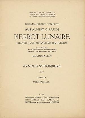 Bild des Verkufers fr [Op. 21]. Dreimal sieben Gedichte aus Albert Girauds Pierrot Lunaire [Study score] (deutsch von Erich Otto Hartleben) Fr eine Sprechstimme Klavier, Flte (auch Piccolo), Klarinette (auch Ba=Klarinette), Geige (auch Bratsche) und Violoncell (Melodramen) . Partitur Taschenausgabe zum Verkauf von J & J LUBRANO MUSIC ANTIQUARIANS LLC