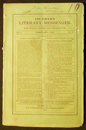 Bild des Verkufers fr Southern Literary Messenger Feb. 1839 vol. 5, no. 2 zum Verkauf von Classic Books and Ephemera, IOBA