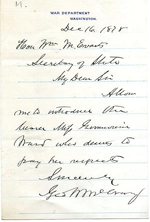 Imagen del vendedor de [George Washington McCrary ] Autograph Note Signed ('Geo W McCrary') to Evarts. a la venta por Richard M. Ford Ltd