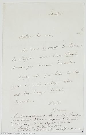 Autograph Letter Signed to 'My dear friend', (Count Philipp Ivanovich, 1797-1875, German-born Rus...