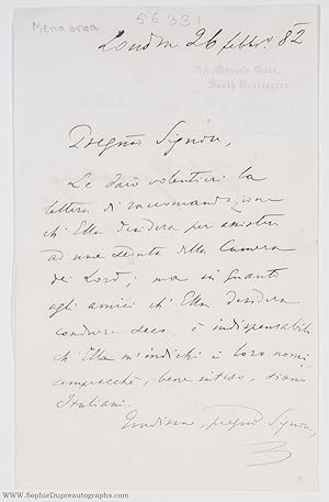 Seller image for Autograph Letter Signed 'F.L. Menabrea' (Count Federico Luigi, 1809-1896, Italian General and Mathematician, Prime Minister of Italy in the Florence Government, 1867-1869, Ambassador to London, February 1873 - December 1882) for sale by Sophie Dupre  ABA ILAB PADA