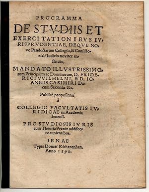 Programma de studiis et exercitationibus iurisprudentiae, deque novo Pandectarum collegio et cons...