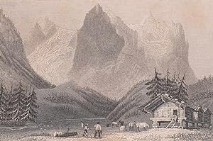 Bild des Verkufers fr Das Wetterhorn von Rosenlaui aus. Ansicht mit Berghtten im Vordergrund. zum Verkauf von Antiquariat Hild